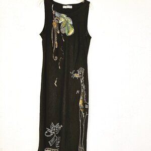 Cut Lose New Vintage Novelty Animal Applique !00% Linen  Black Dress SZ  S